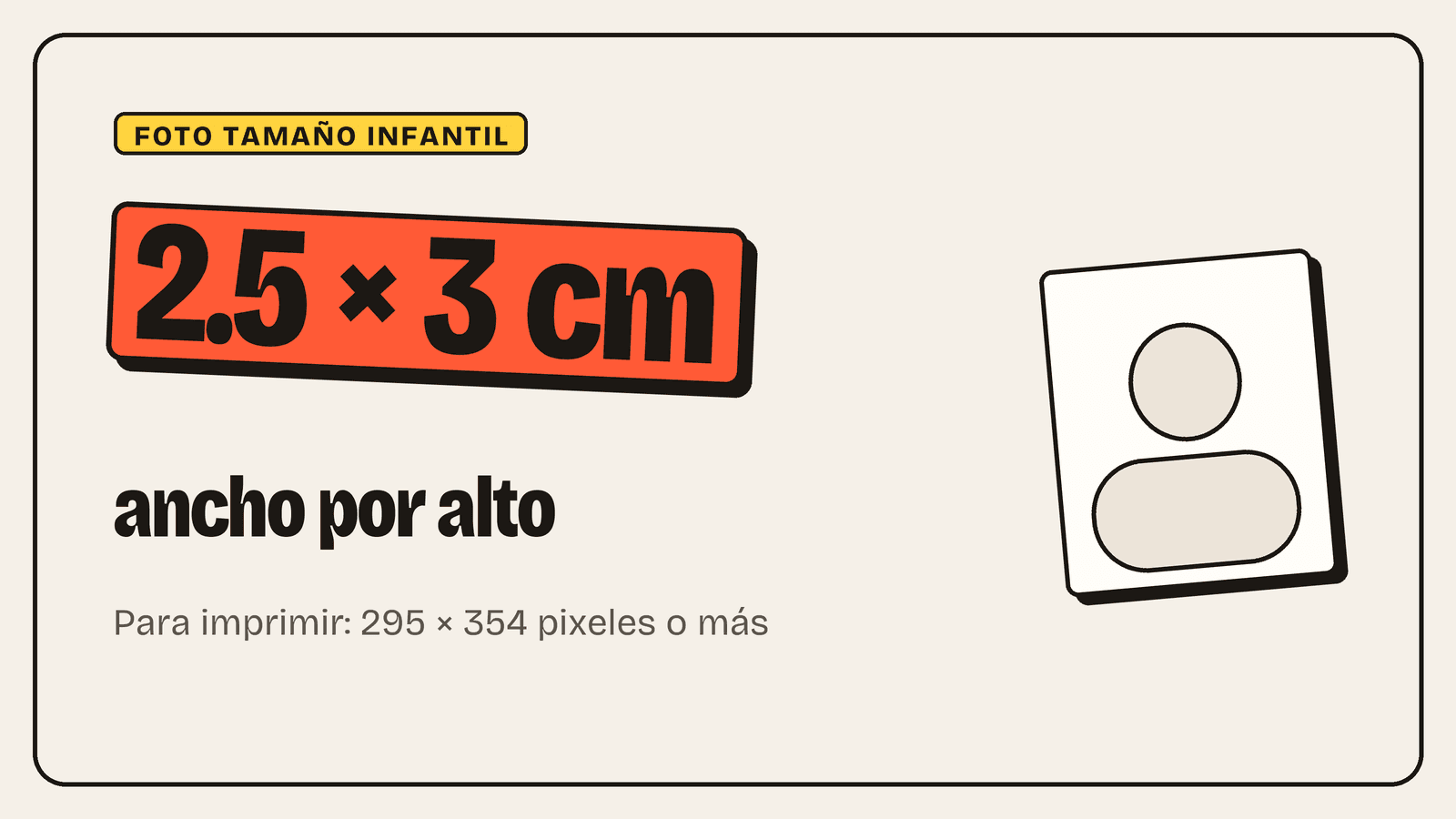Portada recortada: foto tamaño infantil de 2.5 × 3 cm, ancho por alto, junto a un marco de foto vertical
