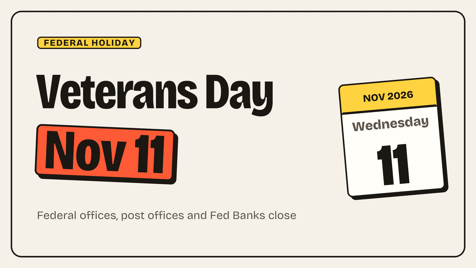 Paper cutout cover: Veterans Day, Nov 11, with a calendar sheet showing Wednesday 11, November 2026